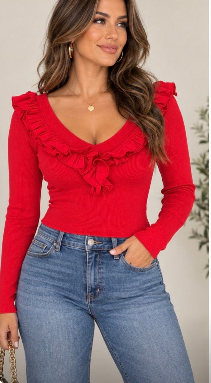 Coastal Bloom Red Ruffle Ribbed Long Sleeve Top Made in Italy Cotton